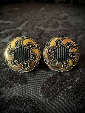 Baroque Gold Scroll Black Textured Vintage Button Clip on Earrings